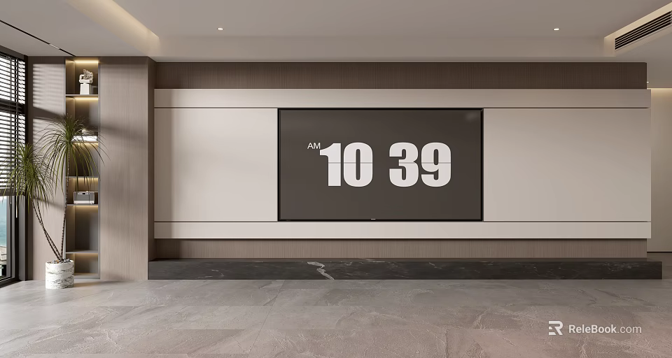 Modern TV Background Wall Design With Wooden Panels And Marble Base 3d model 