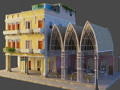 Yellow Building With Arched Portico Balconies Outdoor Greenery And Seating Area 3d model