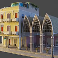 Yellow Building With Arched Portico Balconies Outdoor Greenery And Seating Area