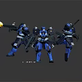Game And Movie Robot Characters In Blue Metallic Design With Weapons And Black Bases