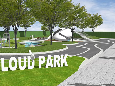 Loud Park Modern Landscape With Green Trees Water Fountain Curved Pathways And Green Lawn 3d model