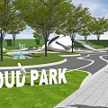 Loud Park Modern Landscape With Green Trees Water Fountain Curved Pathways And Green Lawn