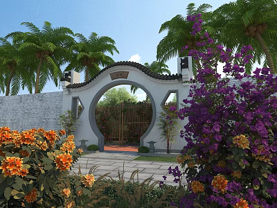 Traditional Chinese Garden Landscape With Moon Gate Palm Trees And Colorful Flowers 3d model