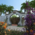 Traditional Chinese Garden Landscape With Moon Gate Palm Trees And Colorful Flowers