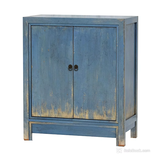 Blue Distressed Wooden Entryway Side Cabinet With Two Doors And Legs 3d model 