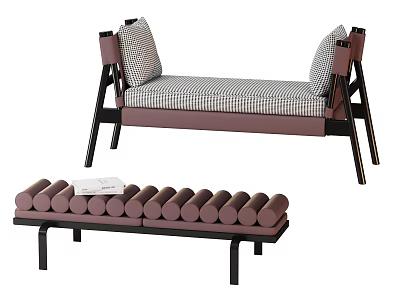 Modern Minimalist Furniture Design With Striped Bench Checkered Pillows And Cylindrical Padded Stool 3d model