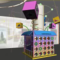 Interactive Colorful Cube Display Installation With Hanging Cards And Chance Icons 3d model