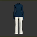 Model wearing dark blue long sleeve top and white striped pants on gray background