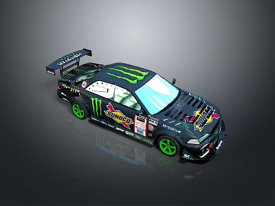 Monster Energy Modified Race Car With Black Body And Green Wheels 3d model