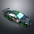 Monster Energy Modified Race Car With Black Body And Green Wheels