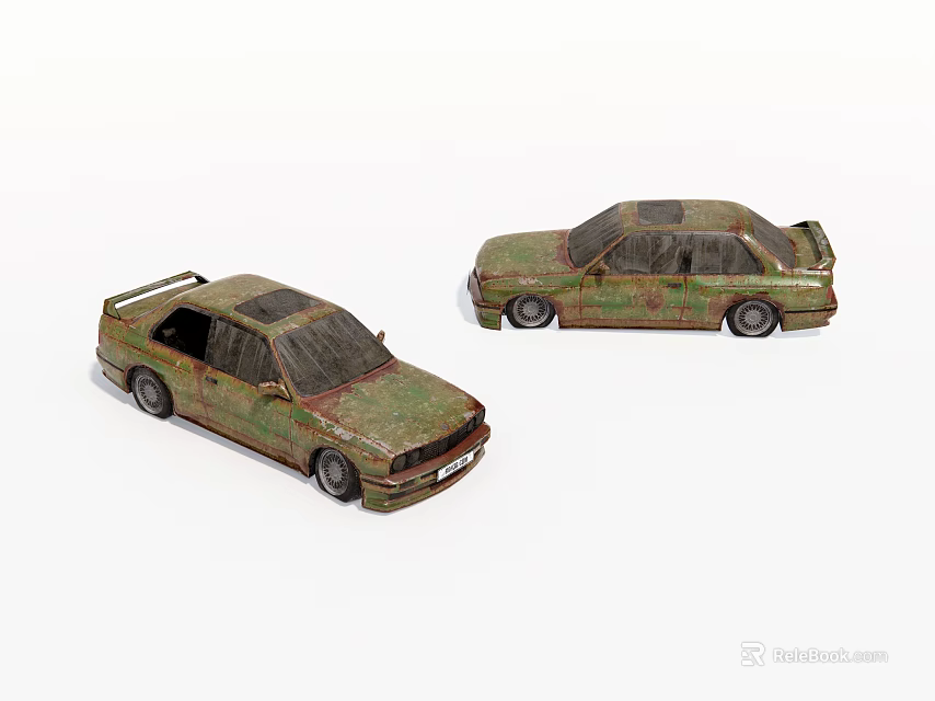 Two Green Rusted Vintage Cars With Classic Design And Retro Style 3d model 