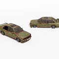Two Green Rusted Vintage Cars With Classic Design And Retro Style