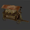 Vintage Wooden Cart With Rusty Brown Canopy Three Bottles And Metal Railings