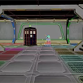 Sci Fi Futuristic Scene With Metallic Floor Blue Police Box Yellow Robot Industrial Ceiling Lights