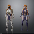 Two Female Characters With Orange Hair In White And Purple Armor And Bodysuit Design