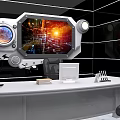Futuristic Office Interior With Curved White Desk Large Screen Display Circular Lights And Tech Accessories