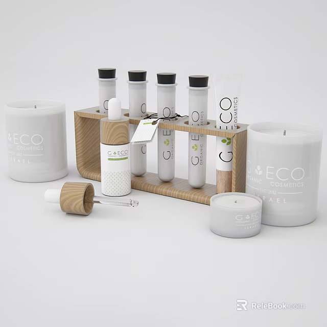 ECO Labeled Daily Cleaning Products With Glass Bottles Candles And Wooden Rack 3d model 
