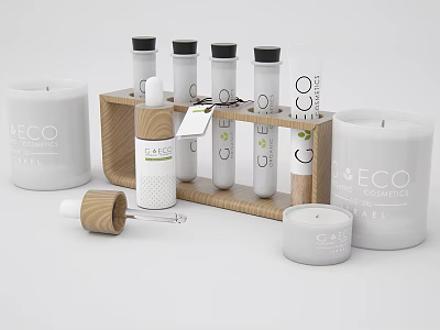 ECO Labeled Daily Cleaning Products With Glass Bottles Candles And Wooden Rack 3d model