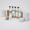 ECO Labeled Daily Cleaning Products With Glass Bottles Candles And Wooden Rack