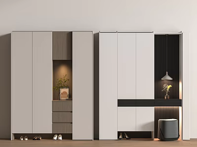 Modern Shoe Cabinet Design With Wood Accents Drawers Open Compartments And Decorative Plants 3d model