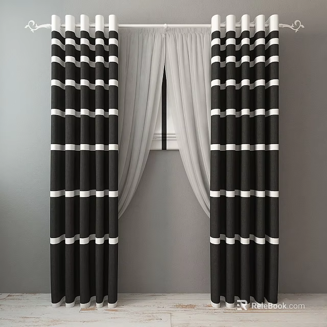 Black and White Striped Side Curtains With White Sheer Curtain Against Gray Wall Window 3d model 