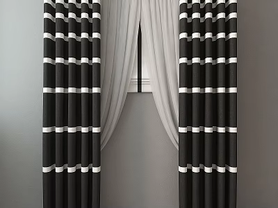 Black and White Striped Side Curtains With White Sheer Curtain Against Gray Wall Window 3d model