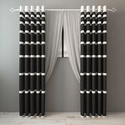Black and White Striped Side Curtains With White Sheer Curtain Against Gray Wall Window 3d model