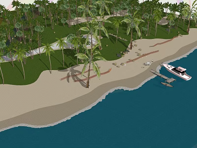 Tropical Coastal Scenic View With Sandy Beach Palm Trees Yacht And Blue Water 3d model