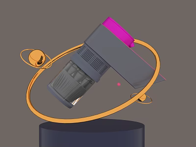 Modern Pink And Gray Vacuum Cleaner With Golden Rings On Black Base 3d model