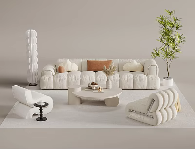 Modern White Upholstered Sofa And Coffee Table Combination With Pillows Potted Plant And Accent Chairs 3d model