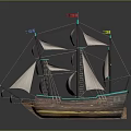 Historical Wooden Sailing Ship Model with Multiple White Sails Colorful Flags and Green Hull Accents