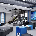 Modern Showroom Interior With Multiple Screens Display Podiums And Geometric Design 3d model