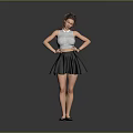 Woman In Light Blue Sleeveless Top Black Pleated Skirt Brown Curly Hair Hands On Hips