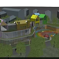 Colorful School Building With Green Roof And Playground Area Surrounded By Trees