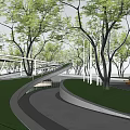 Scenic Park Landscape With Curved Walkway Green Lawn Trees And Reflective Water
