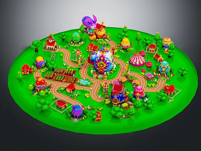 Cartoon Theme Park Scene with Green Grass Winding Paths Colorful Buildings Carousel Trees and Balloons 3d model