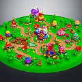 Cartoon Theme Park Scene with Green Grass Winding Paths Colorful Buildings Carousel Trees and Balloons