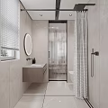 Modern Bathroom Interior with Beige Tiles Gray Checkered Shower Curtain Window Blinds and Dark Vanity