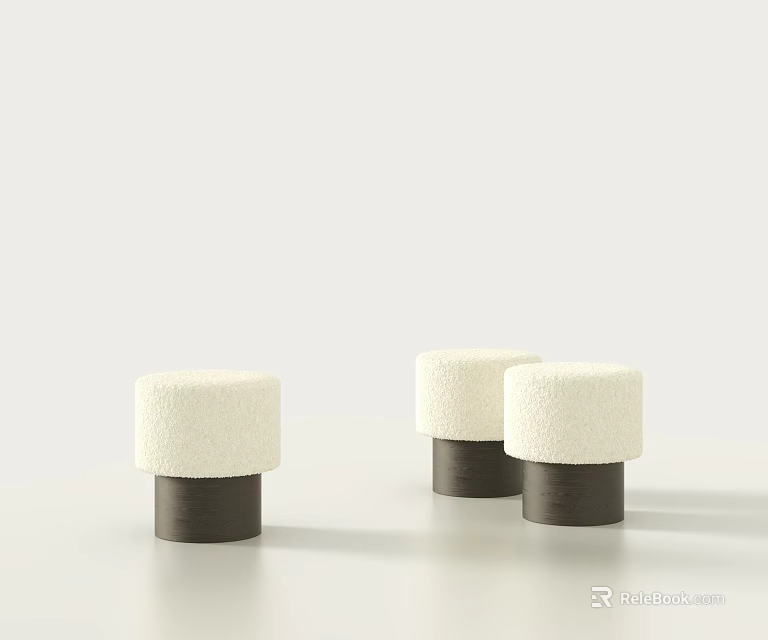 Three Elegant Plush Stools with Dark Cylindrical Legs Against Light Background 3d model 