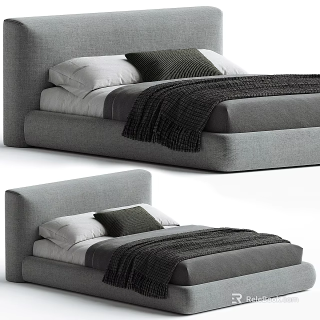 Gray Double Bed Design With Upholstered Headboard White Pillows And Black Throw Blanket 3d model