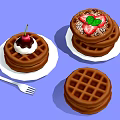 Delicious Stacked Waffles With Whipped Cream Cherry Strawberries And Mint Leaves On White Plates