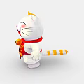 Festive White Lucky Cat Decorative Ornament Set With Red Scarf And Fu Character
