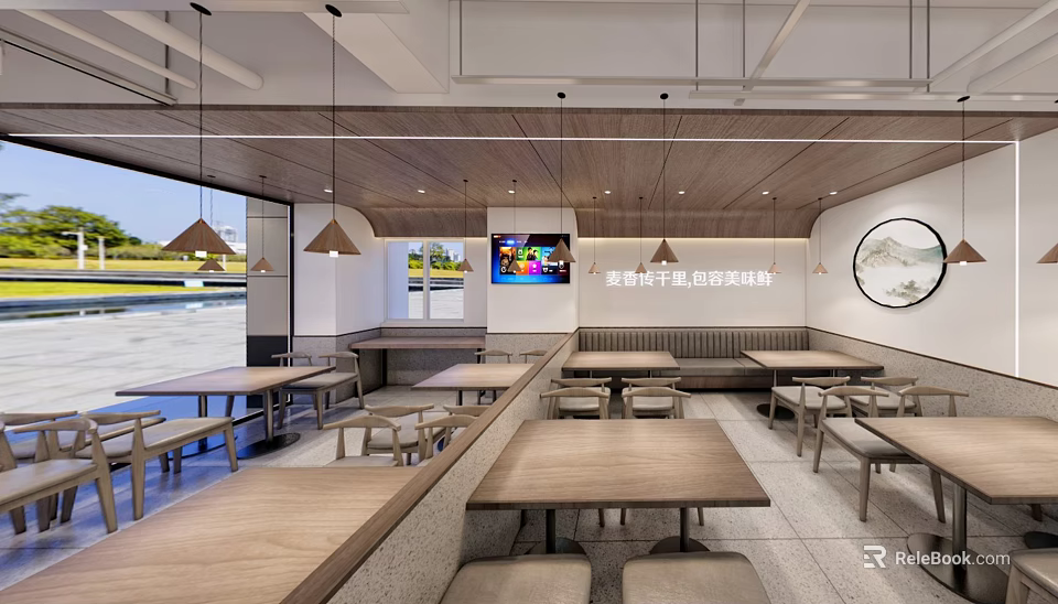 Modern Tech Restaurant Interior With Wooden Tables And Hanging Lights 3d model 