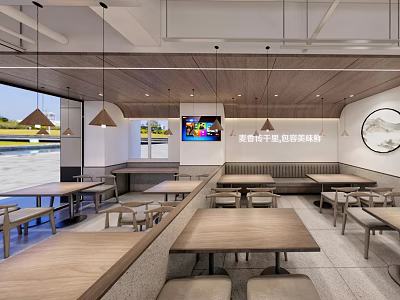 Modern Tech Restaurant Interior With Wooden Tables And Hanging Lights 3d model