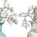 Two Decorative Vases Light Blue and White Black Spiral with Flowering Branches
