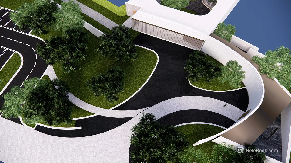 Modern Garden Landscape Design With Curved Pathways Green Lawns Trees And White Structures 3d model 