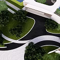 Modern Garden Landscape Design With Curved Pathways Green Lawns Trees And White Structures