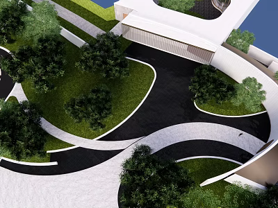Modern Garden Landscape Design With Curved Pathways Green Lawns Trees And White Structures 3d model