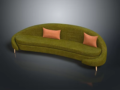 People Sitting On Green Curved Sofa With Orange Cushions Wooden Legs Against Gray Background 3d model