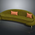 People Sitting On Green Curved Sofa With Orange Cushions Wooden Legs Against Gray Background